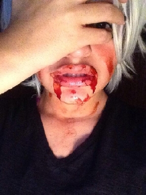 Mya in 2015, testing bloody-mouth makeup for  Kaneki Ken from Tokyo Ghoul